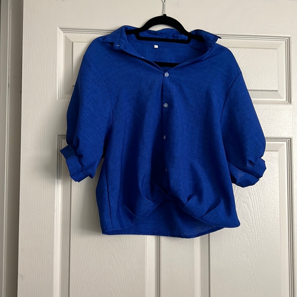 Blue button up loose fit blouse crop top